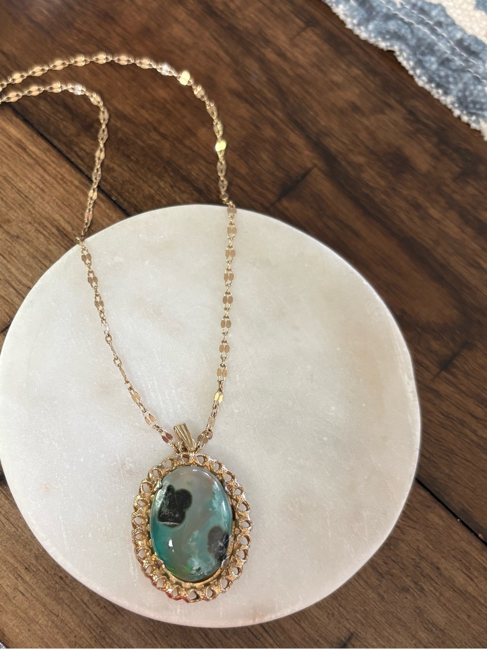 Gold Chain Necklace with Green Turquoise Oval Pendant - Women's Jewelry